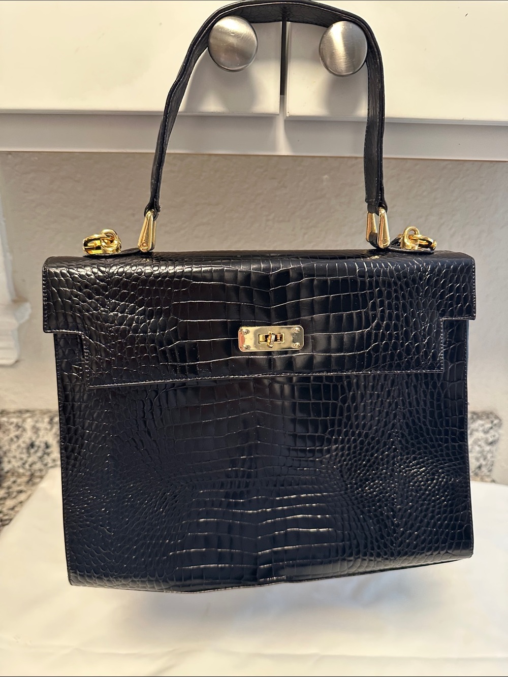 Vintage Black Croc-Embossed Kelly Inspired Top-Handle Satchel w/Strap